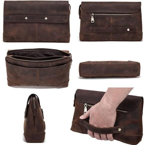 Mens Clutch Bag Genuine Leather ID Card, Hand Clutch Purse Handbag 7.9 inches - Picture 5 of 7